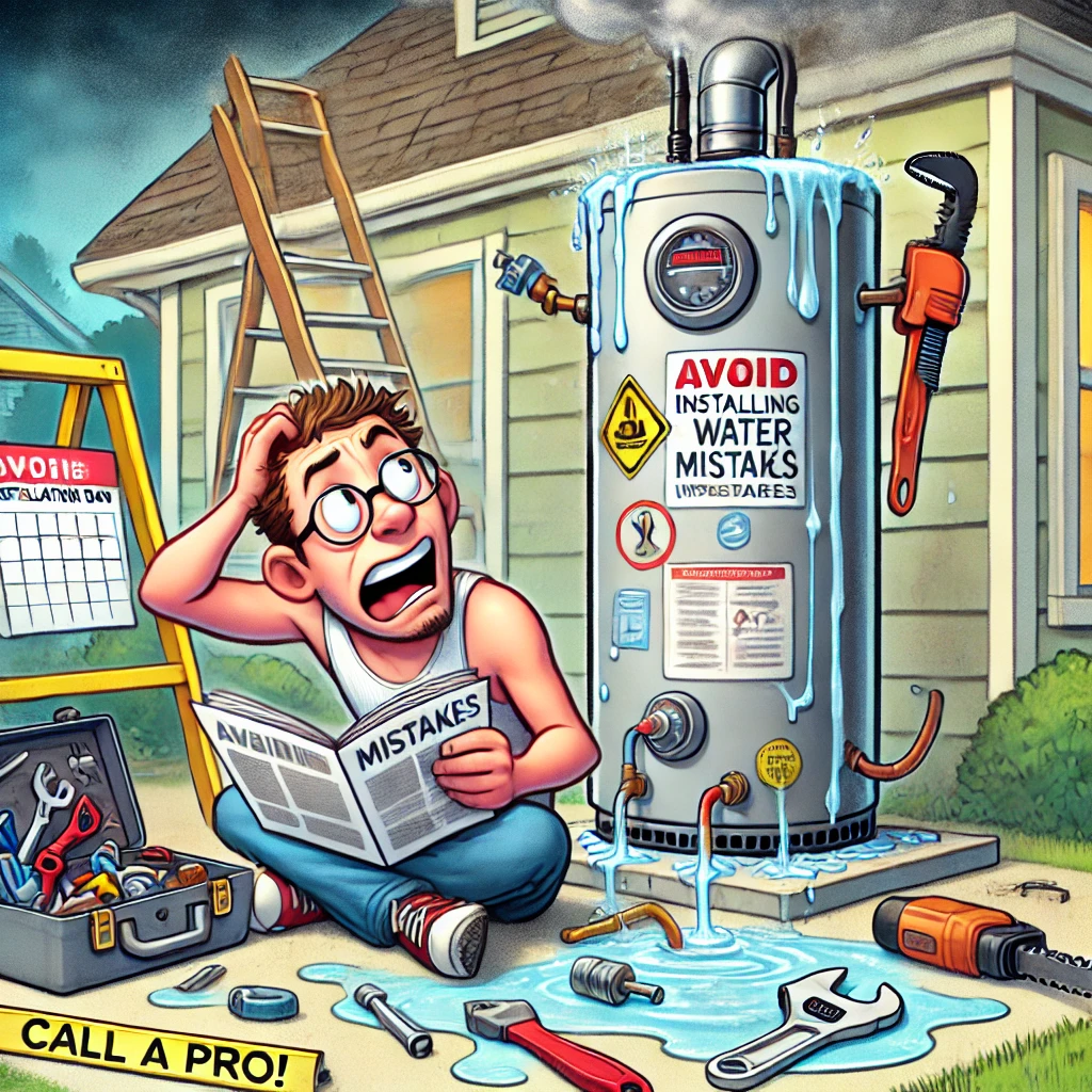 A witty cartoon illustration for a blog titled 'Avoid These 5 Costly Mistakes When Installing a Water Heater in Cary, NC'. The cartoon shows a confused homeowner scratching his head while reading a complex instruction manual upside-down, with a large water heater behind him leaking water dramatically. A toolbox is open nearby with tools scattered everywhere, and a plumber peeks through a window holding a 'Call a Pro!' sign.