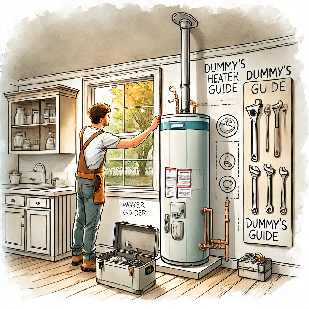 A watercolor-style illustration of a residential water heater installation scene in a cozy home in Cary, North Carolina. The image shows a friendly technician installing a modern water heater tank in a clean, well-lit utility room. A simplified step-by-step guide is lightly sketched on the wall in the background with icons for tools, safety gear, and water pipes. The atmosphere is warm and instructional, designed for beginners. Subtle Cary suburban elements like trees outside a window and a small toolbox labeled 'Dummy's Guide' are included for a welcoming feel.