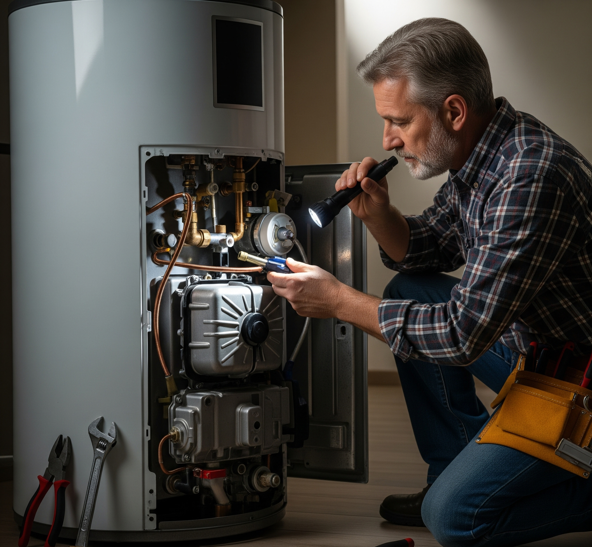 Technician fixing water heater in Cary