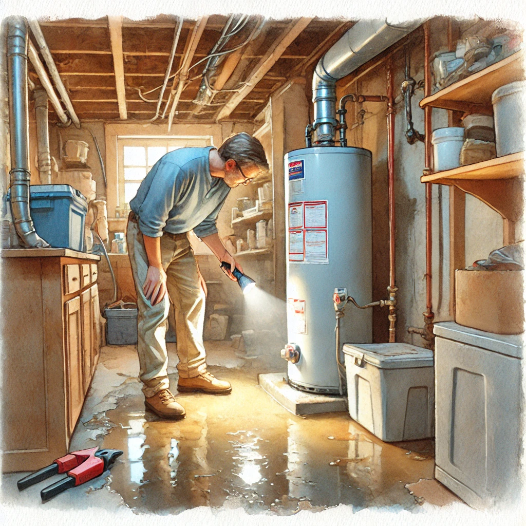A watercolor-style illustration of a utility room or basement in a typical American home in Cary, North Carolina. The scene shows a water heater with visible leaking water pooling on the floor. A concerned homeowner (gender-neutral, casual clothing) is examining the water heater with a flashlight and a phone in hand, possibly calling a plumber. The room has realistic but soft and artistic details, including light reflections on the water puddle and a slightly rustic interior with pipes and shelves in the background. The mood is calm and informative, not panicked. The style is loose and painterly, with soft edges and natural colors.