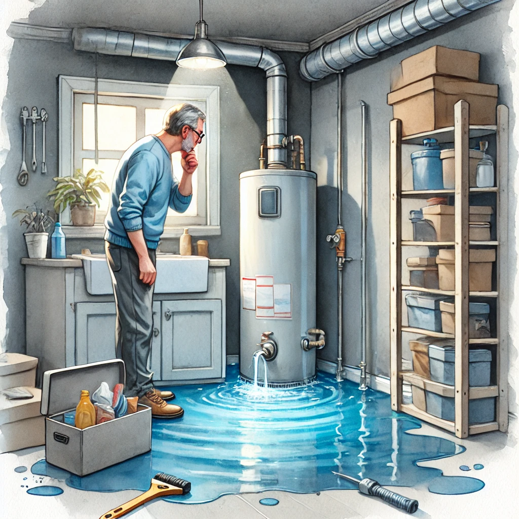 A watercolor illustration of a home utility room with a leaking water heater. Water is pooling gently on the floor around the base of the heater. A concerned homeowner, wearing casual clothes, is inspecting the leak with a flashlight. In the background, there are shelves with tools and cleaning supplies. The atmosphere is realistic but painted in soft watercolor tones, with blue and gray hues highlighting the water and metallic heater. The style is clean and informative, suitable for a blog about home repair costs.